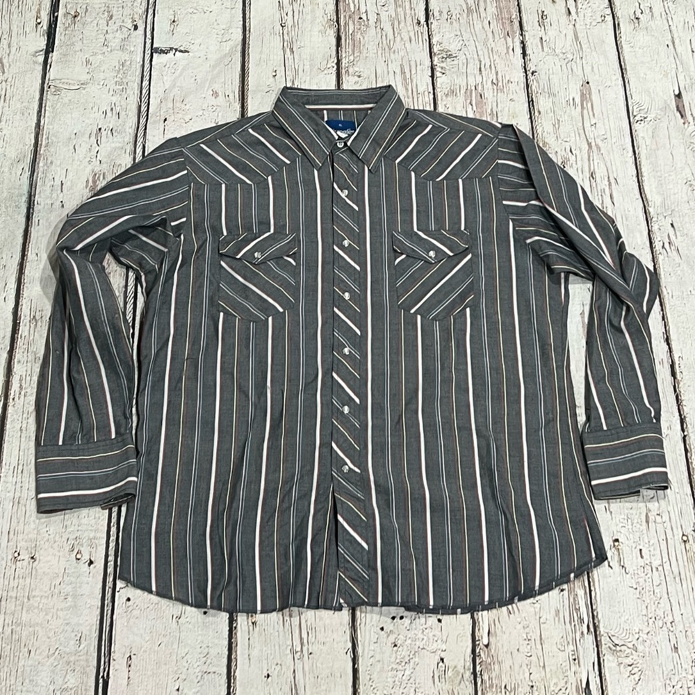 Vintage Gray Western Wrangler Striped Cowboy Pearl Snap Button Down Shirt